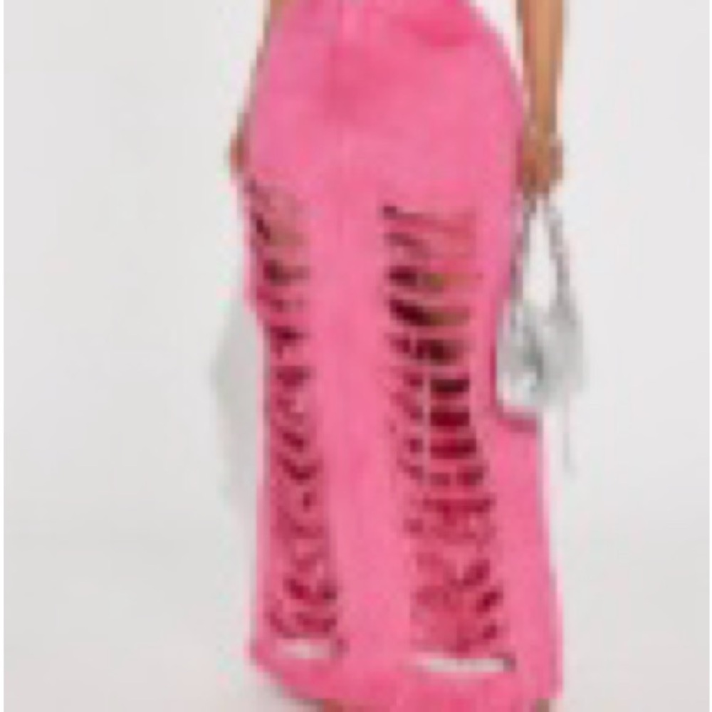 Pink distressed maxi jean skirt